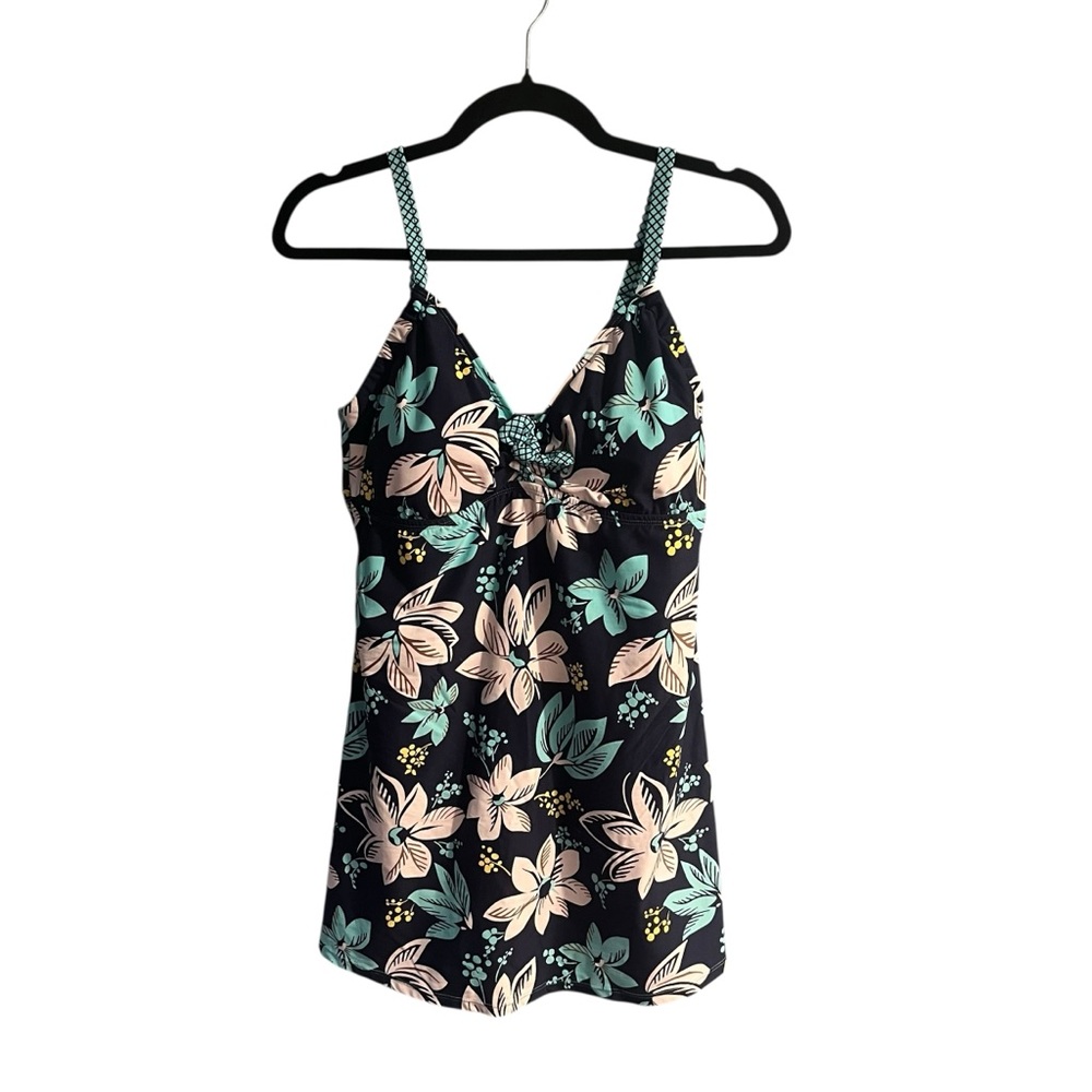 Beach House Swim Dress 12 Blue White Hawaiian Tropical Floral Wireless One Piece